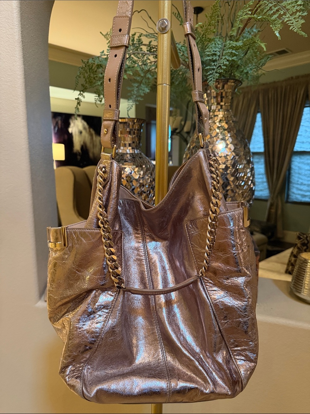 Jimmy Choo Metallic Champagne Bronze Anna Hobo Bag COA
